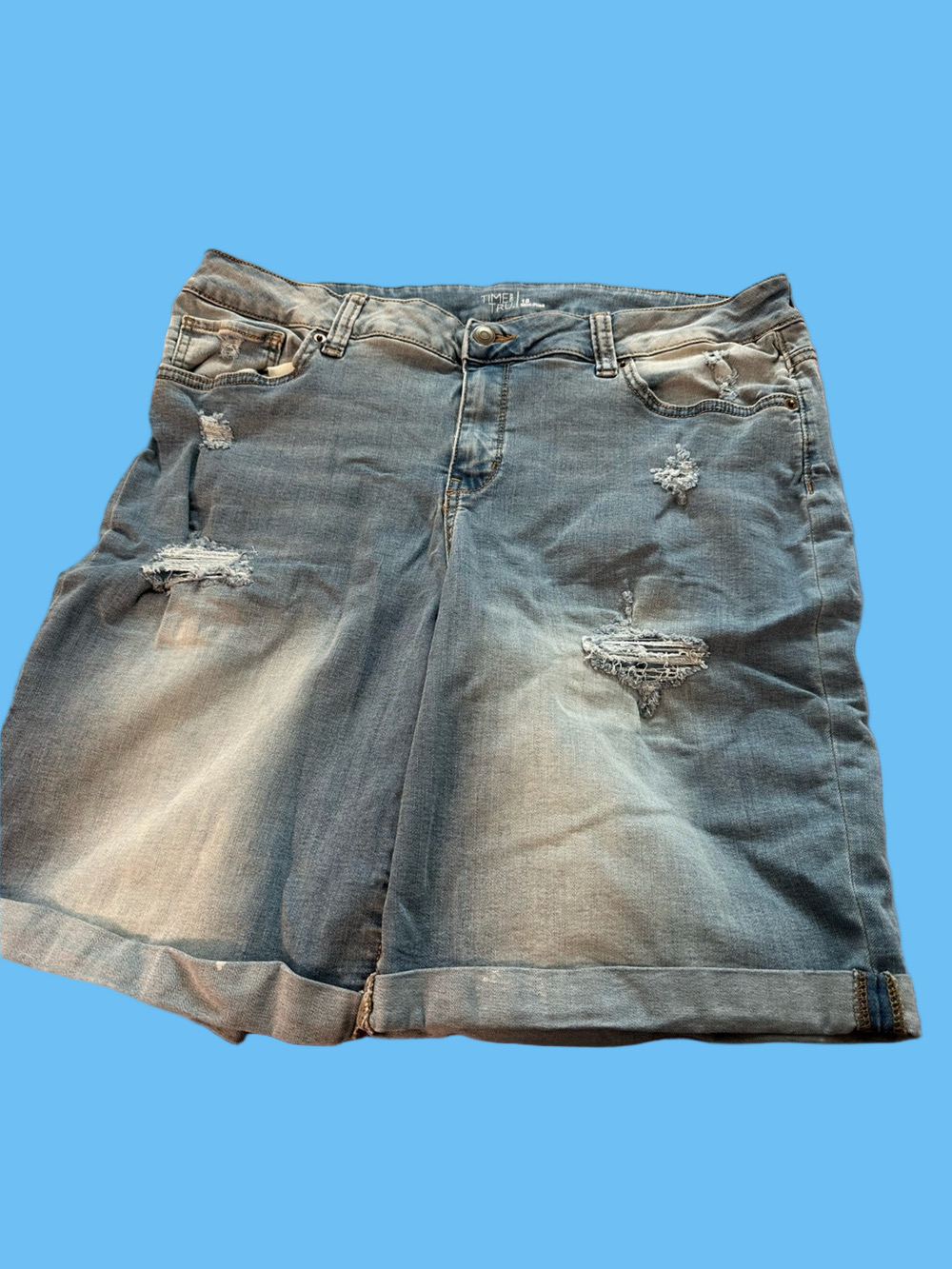 Time and Tru Distressed Light Blue Denim Roll-Hem Shorts